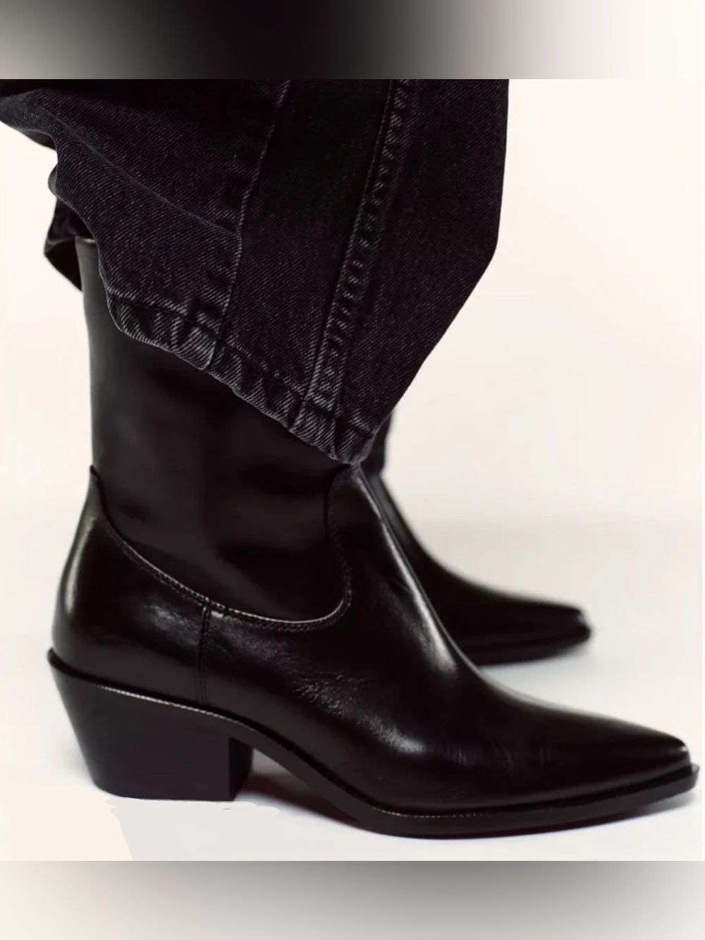 Zara Black Western Leather Snip Toe w/Silver Hardware Heeled Ankle Boots Size 40